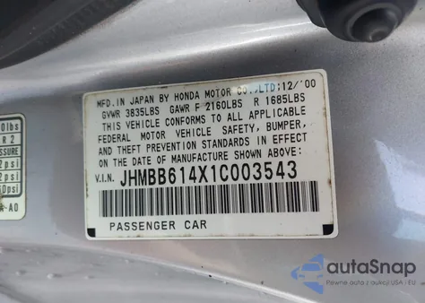 2001 Honda Prelude z USA, uszkodzony, nr VIN JHMBB614X1C003543